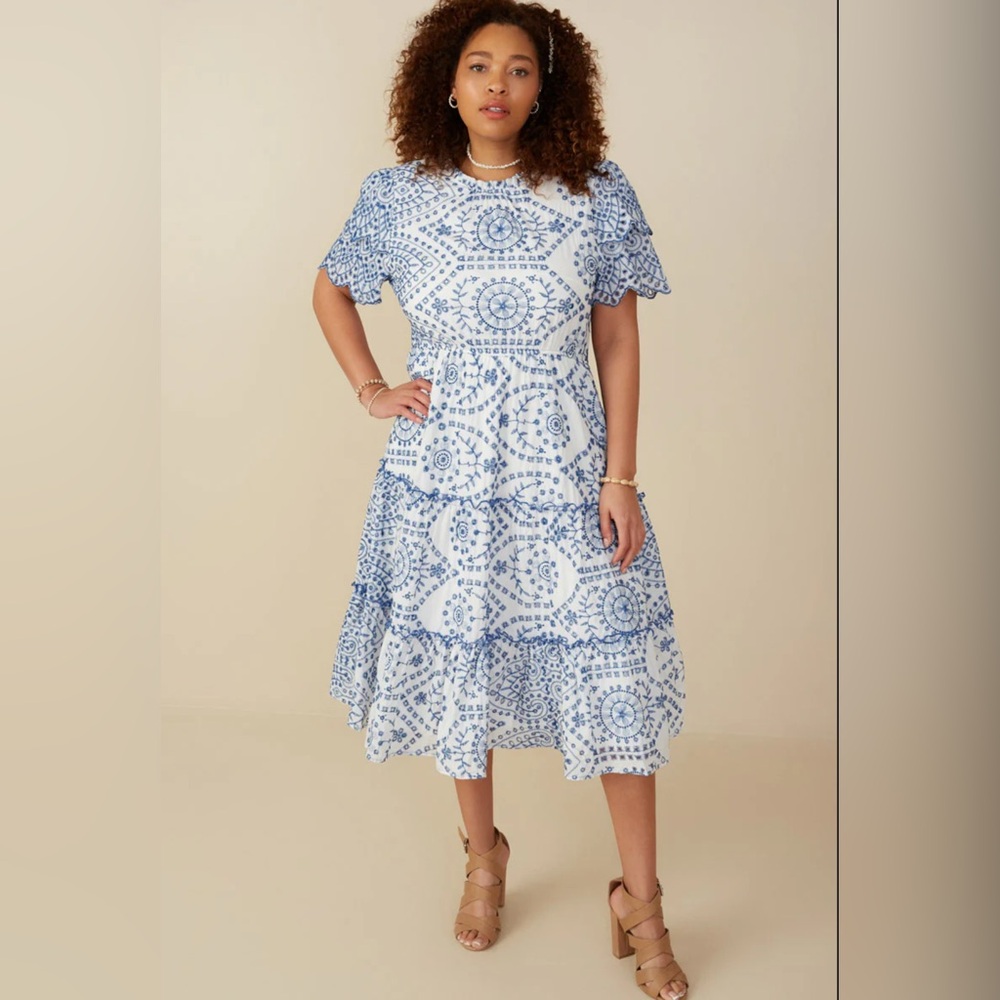 NWT Hayden Los Angeles Eyelet Blue & White Lace Scallop Sleeve Midi Dress 3XL
